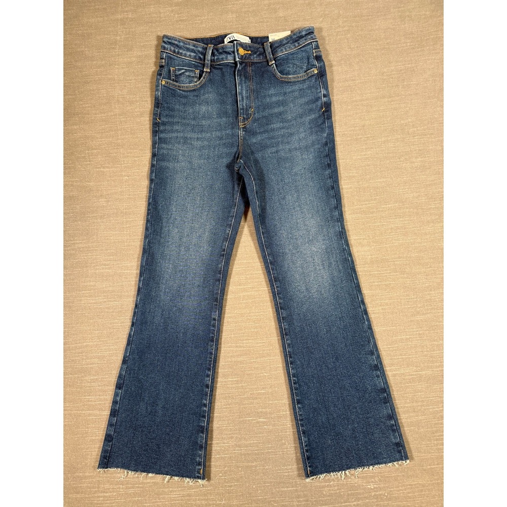 Zara Mini Flare Jeans‎ Womens 4 High Rise Ankle Stretch Blue Raw Hem Denim NWT